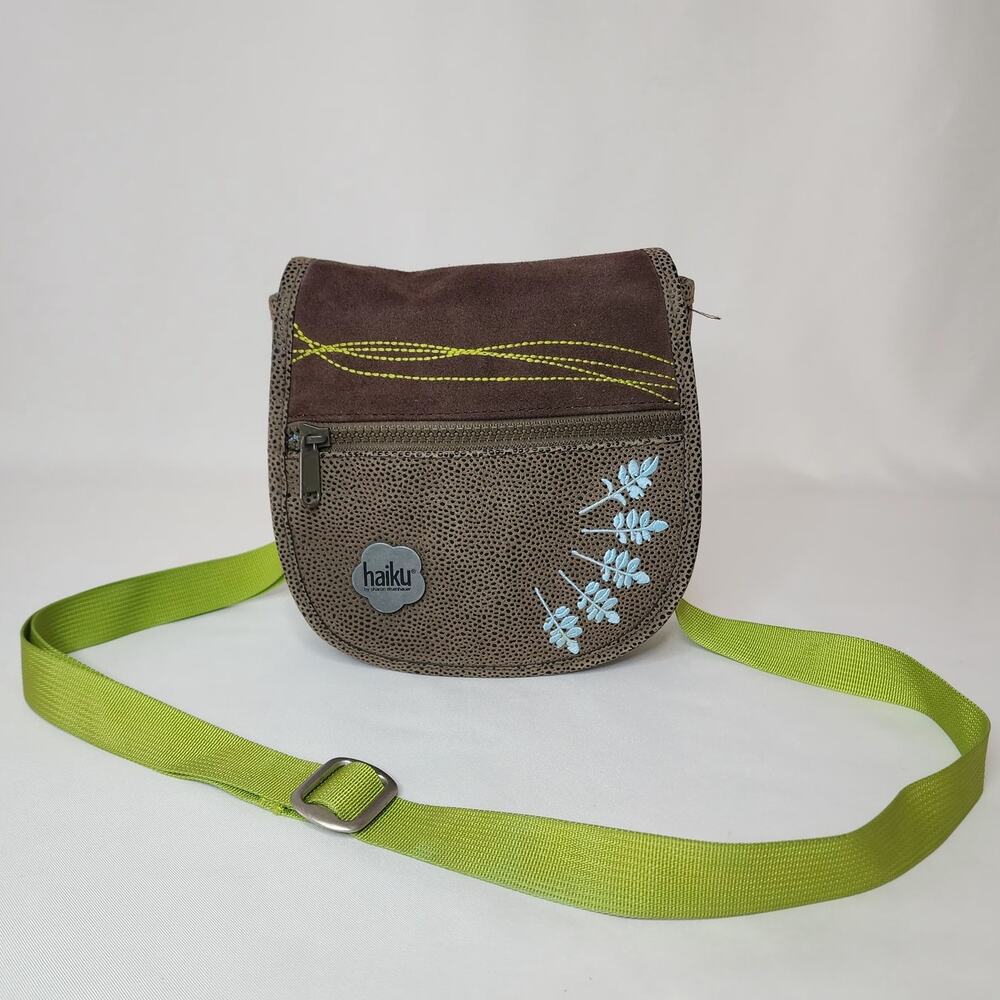 Haiku Purse by Sharon Eisenhauer Vegan Leather Small Crossbody Bag Blue Leaves